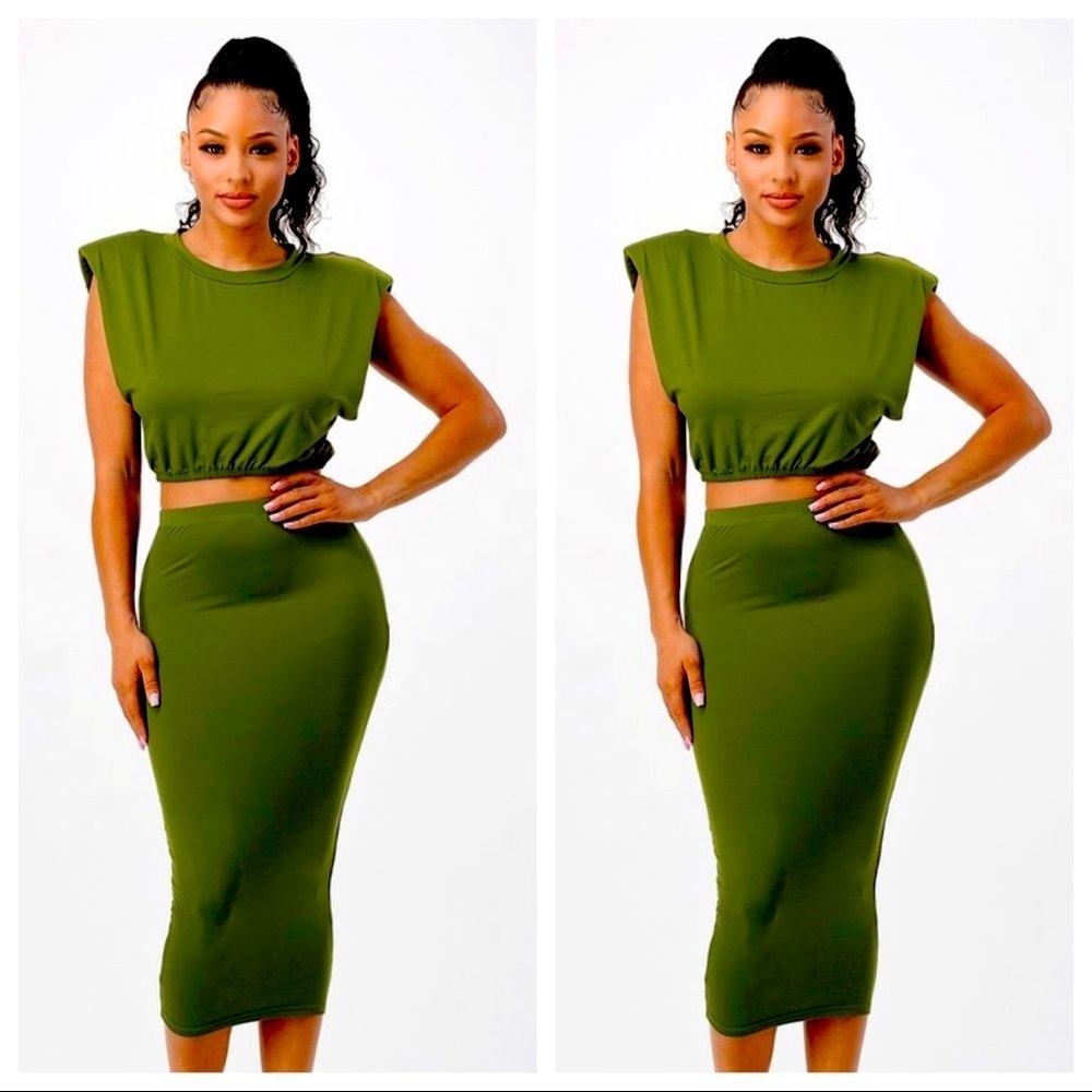 NEW WOMEN’S TRENDY OLIVE 2 PIECE CROP TOP SHOULDER PAD SHIRT MIDI CALF SKIRT SET